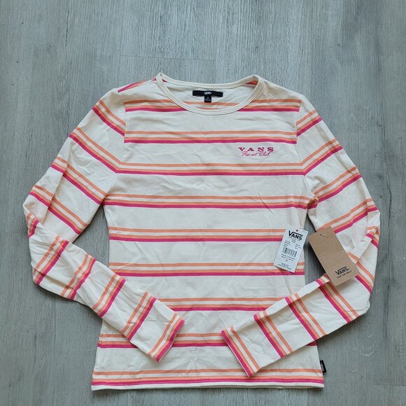 Vans T-Shirt Women’s Size S Long Sleeve Striped Resort Club Pink White Crewneck - Picture 1 of 3